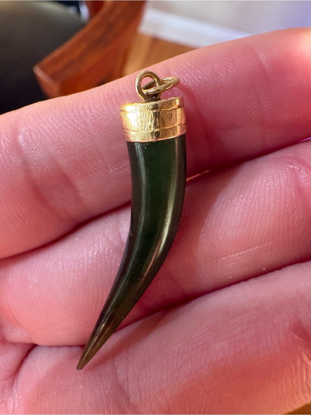 Vintage Carved Natural Green Jade  14k horn pendant